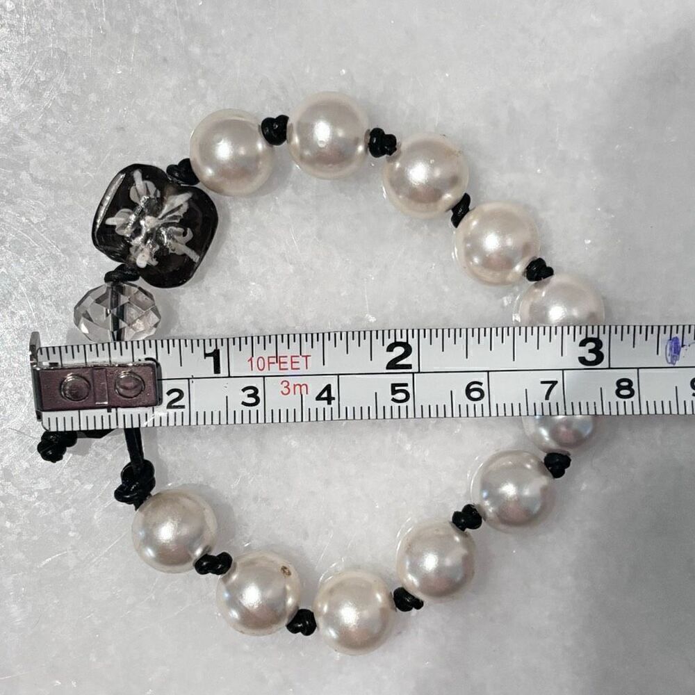 Handmade Faux Pearl Knotted Cord with Faceted Crystal Beaded Bracelet White & B